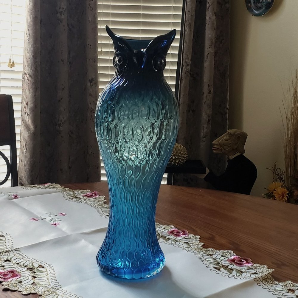 Mid-Century MCM Hand Blown Blue Ombre Glass Owl Vase by Murano